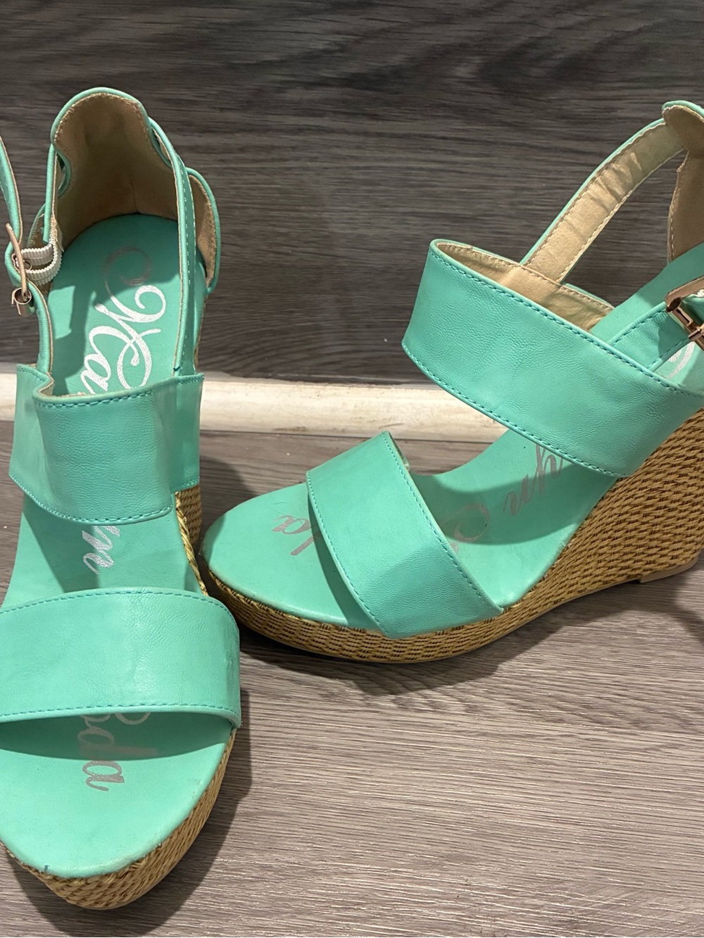 Mint Green Women’s Wedge Sandals with Buckle Strap - Picture 3 of 6